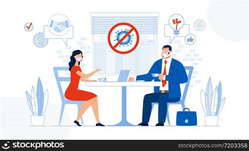 Man Woman Making Discussing Business Deal Contract Offer in Office after Coronavirus Outbreak Stop. Searching Innovative Idea for Financial Company Growth and Profit Income Increase. Coffee Break. Man Woman Making Discussing Deal Contract Offer