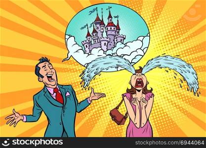 Man woman tells the story of fairytale castles. Real estate and construction. Dreams. Comic book cartoon pop art retro illustration. Man woman tells the story of fairytale castles