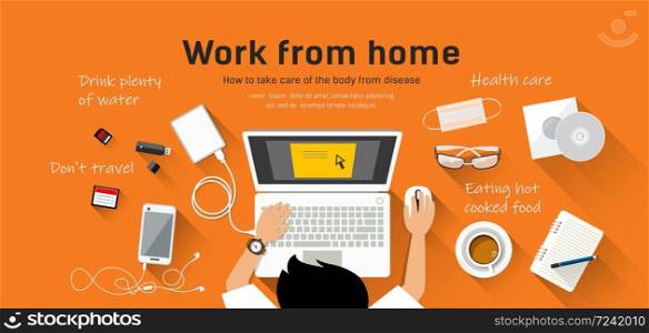 Man Work from home, desk top view design orange background, vector illustration