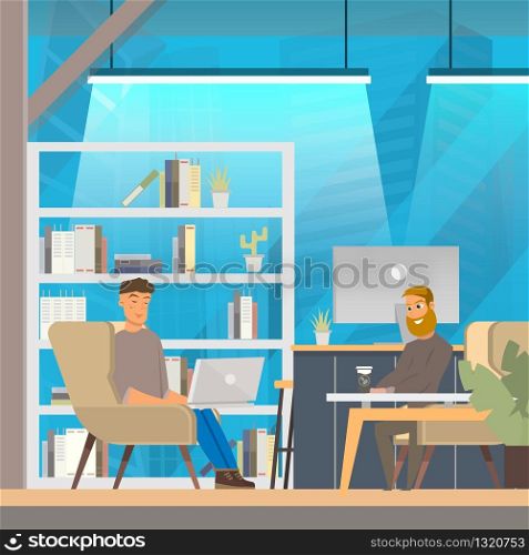 Man Work in Openspace Coworking Office. Programmer by Laptop in Cozy Community Team. Comfortable Place for Character. Flat Cartoon Vector Illustration. Man Work in Openspace Coworking Office