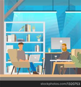 Man Work in Openspace Coworking Office. Programmer by Laptop in Cozy Community Team. Comfortable Place for Character. Flat Cartoon Vector Illustration. Man Work in Openspace Coworking Office