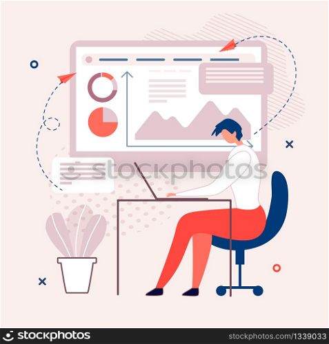 Man Work Interacting with Graphs and Charts on PC at Modern Office. Financial Profit, Data or Stock Exchange Market analysis via Laptop. Computer Programmer, NFC Technologies. Vector Flat Illustration. Man Work Interacting with Graphs and Charts on PC