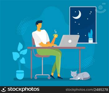 Man work late at night, home work place. Vector business late work, night businessman professional busy and overtime illustration. Man work late at night, home work place