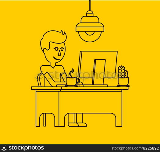 Man work with computer design flat. Computer and business man worker, man in office desk, businessman person at table workplace, character work manager vector illustration. Black on yellow