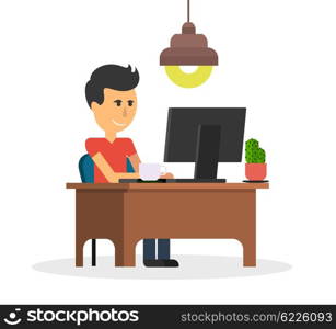 Man work with computer design flat. Computer and business man worker, man in office desk, businessman person at table workplace, character work manager vector illustration