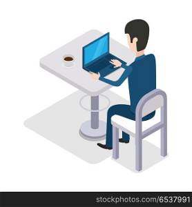 Man Work with Computer Design Flat. Cup of Coffee. Man work with computer design flat. Cup of coffee on the table. Computer and business man worker, man at office desk, businessman person, table workplace, job man, character man work manager. Vector