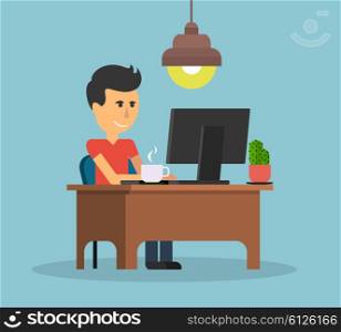 Man work with computer design flat. Work and man, computer and business man worker, man in office desk, businessman person, table workplace, job man, character man work manager illustration