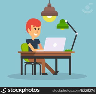Man work with computer laptop design flat. Computer and business man worker, man in office desk, businessman person at table workplace, character work manager vector illustration