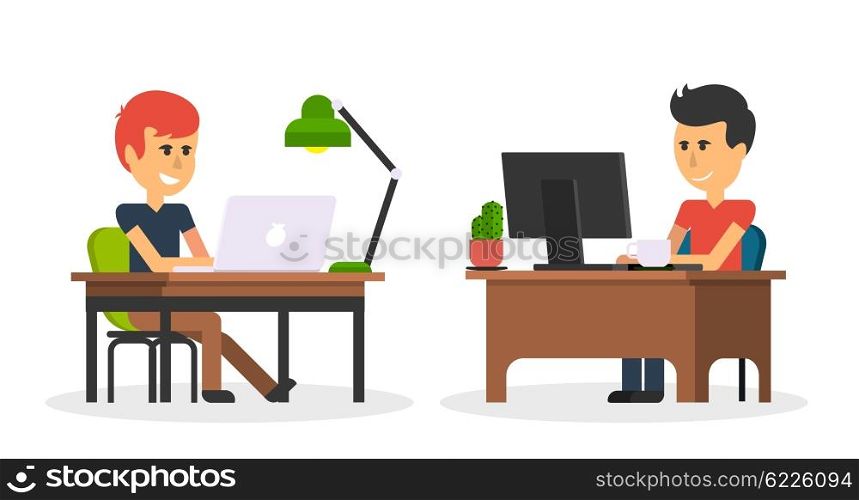 Man work with computer laptop design flat. Computer and business man worker, man in office desk, businessman person at table workplace, character work manager vector illustration