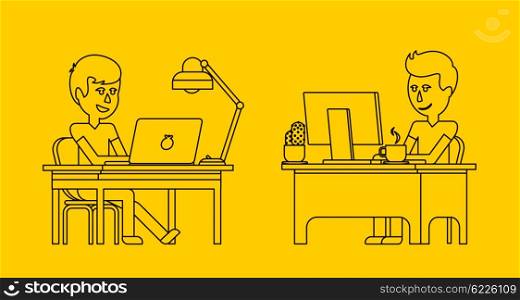 Man work with computer laptop design flat. Computer and business man worker, man in office desk, businessman person at table workplace, character work manager vector illustration. Black on yellow