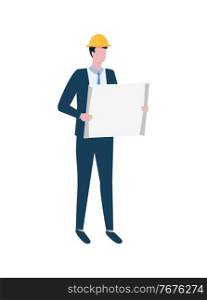 Man worker holding large sheet of paper, businessman or manager wearing helmet and suit, person standing with broadsheet, employee character vector. Manager with Large Sheet of Paper, Building Vector