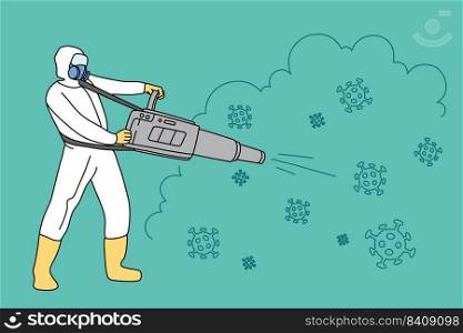 Man worker in protective suit disinfect surroundings from infection. Male employee in uniform involved in disinfection. Epidemic virus killing. Vector illustration.. Man worker in uniform disinfect surroundings