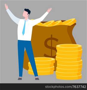 Man worker raising hands, moneybag with coins, salary or tax sign. Employee standing near currency, person and capital, investment and income vector. Moneybag and Worker, Dollar Currency, Work Vector