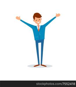 Man worker smiling and stretching hands high in air, flat style vector. Director happy of achievements, successful ceo, leader with smile on face. Man Worker Smiling and Stretching Hands in Air