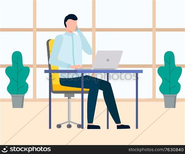 Man worker using laptop, businessman character sitting at table with computer. Manager talking on phone, consultation and communication, workplace. Vector illustration in flat cartoon style. Manager Working with Laptop, Workplace Vector