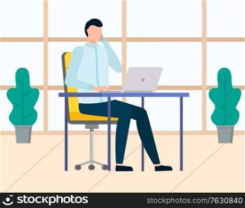 Man worker using laptop, businessman character sitting at table with computer. Manager talking on phone, consultation and communication, workplace. Vector illustration in flat cartoon style. Manager Working with Laptop, Workplace Vector