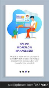 Man worker using laptop, workplace with cat, freelancer sitting on chair with wireless device on desktop, interface of board, technology vector. Website slider app template, landing page flat style. Worker With Laptop, Work Online, Device Vector