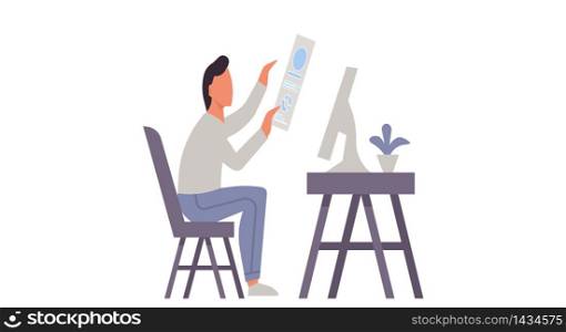 Man working at home business freelance character. Cartoon office workplace interior house job with chair and table. Lifestyle remote employee on coronavirus connection. Professional male icon.