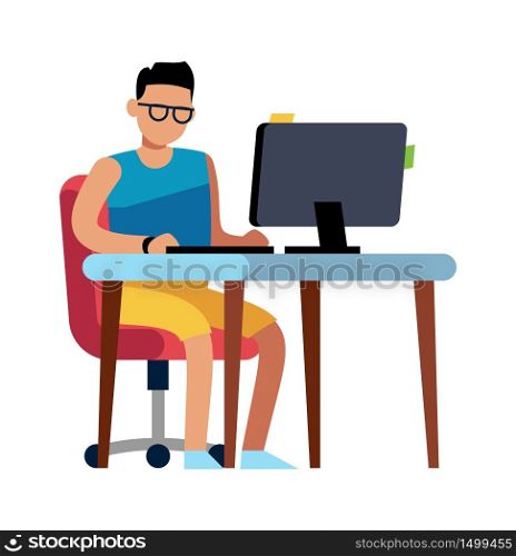 Man working at home. Person in shorts sitting at computer, isolated vector freelance lifestyle concept. Man working at home. Person in shorts sitting at computer, isolated vector freelance concept