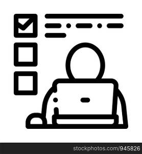 Man Working At Laptop Job Hunting Vector Icon Thin Line. Hunting Business People And Recruitment Candidate, Team Work And Partnership Concept Linear Pictogram. Monochrome Contour Illustration. Man Working At Laptop Job Hunting Vector Icon