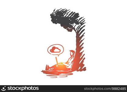 Man, working, cloud service, internet, network concept. Hand drawn man working with laptop sitting under tree concept sketch. Isolated vector illustration.. Man, working, cloud service, internet, network concept. Hand drawn isolated vector.