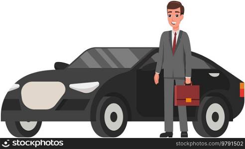 Man working in field of business stands with briefcase. Smiling businessman in suit with tie next to his personal transport. Male character in business suit, entrepreneur near expensive black car. Businessman next to his personal transport. Man in business suit, entrepreneur near expensive car