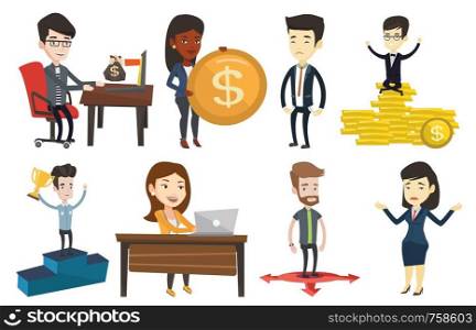Man working in office and bag of money coming out of laptop. Man earning money from online business. Online business concept. Set of vector flat design illustrations isolated on white background.. Vector set of business characters.