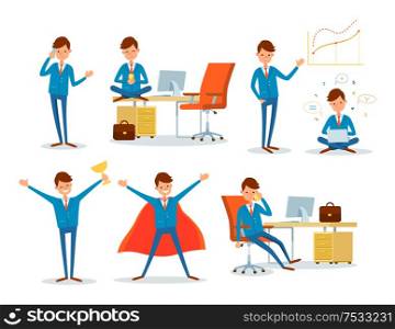 Man working in office, business superman male hero wearing cloak vector. Director sitting by table discussing problems with partners. Winner of prize. Man Working in Office, Business Superman Male Hero