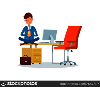 Man working in office place, break of boss at work vector. Man having rest in room of chief executive. Businessman sitting on table drinking warm tea. Man Working in Office Place, Break of Boss at Work