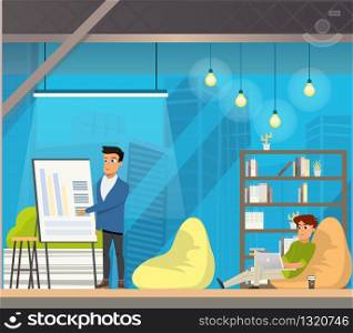 Man Working in Open Space Coworking. Meeting Report in Cozy Loft Office or Campus. Presentation of Creative Idea. Flat Cartoon Vector Illustration. Man Working in Open Space Coworking