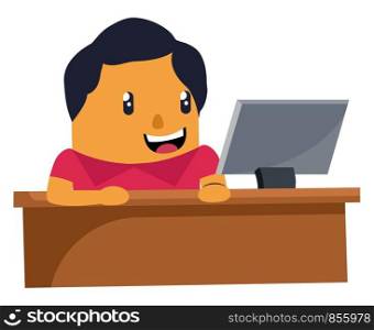Man working on computer, illustration, vector on white background.