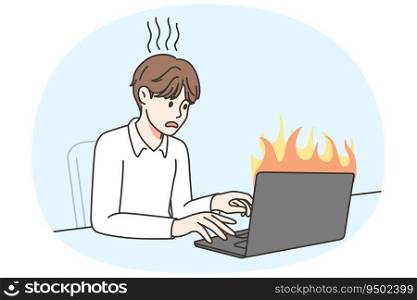 Man working on computer in office stressed to meet deadline. Unhappy distressed businessman overwork on laptop burning. Job burnout. Vector illustration.. Man work on burning computer