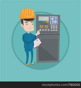 Man working on control panel. Worker in hard hat pressing button at control panel. Engineer standing in front of the control panel. Vector flat design illustration in the circle isolated on background. Engineer standing near control panel.