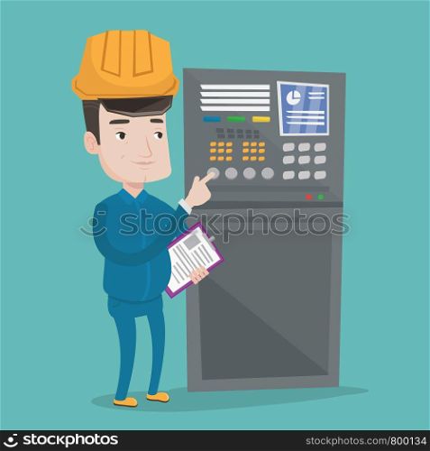 Man working on control panel. Worker in hard hat pressing button at control panel. Engineer with clipboard standing in front of the control panel. Vector flat design illustration. Square layout.. Engineer standing near control panel.