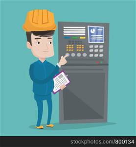 Man working on control panel. Worker in hard hat pressing button at control panel. Engineer with clipboard standing in front of the control panel. Vector flat design illustration. Square layout.. Engineer standing near control panel.