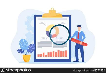 man working on data analysis and research, business workers with tools. Magnifying glass and cogwheel, clipboard. Vector illustration in flat style. man working on data analysis