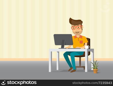 Man working on desktop computer and coffee cup.