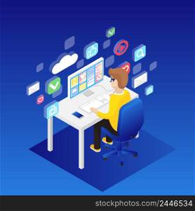 Man working on desktop computer isometric vector illustration. Virtual interface. Technology, cyberspace and innovation concept. Infographic with purple background.