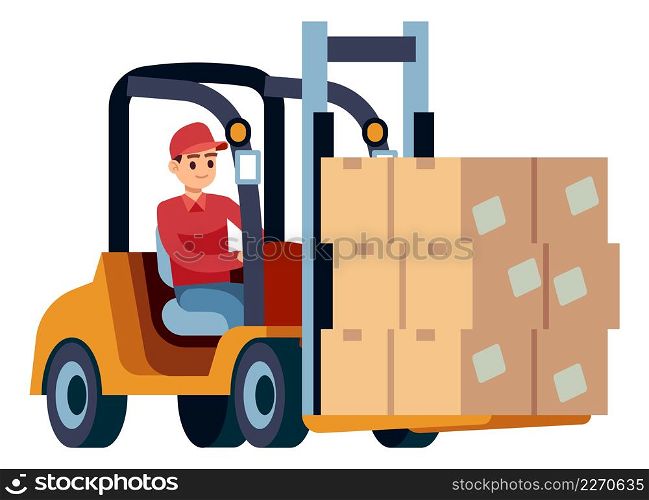 Man working on forklift. Cardboard box transportation icon isolated on white background. Man working on forklift. Cardboard box transportation icon