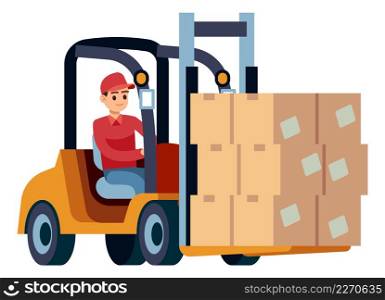 Man working on forklift. Cardboard box transportation icon isolated on white background. Man working on forklift. Cardboard box transportation icon