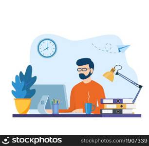 man working on internet using laptop and drinking coffee. work at home. education or working concept. Table with books, lamp, coffee cup. Vector illustration in flat style. man working on laptop