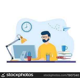 man working on internet using laptop and drinking coffee. work at home. education or working concept. Table with books, lamp, coffee cup. Vector illustration in flat style. man working on laptop