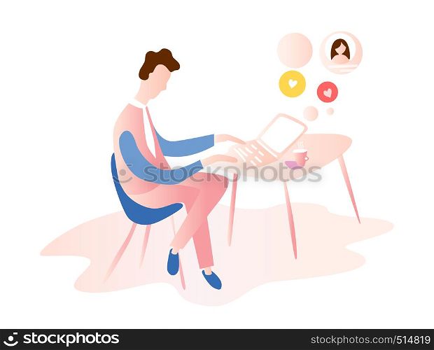 man working on internet using laptop and drinking coffee. work at home. travel and work. Flat vector illustration