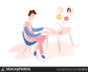 man working on internet using laptop and drinking coffee. work at home. travel and work. Flat vector illustration
