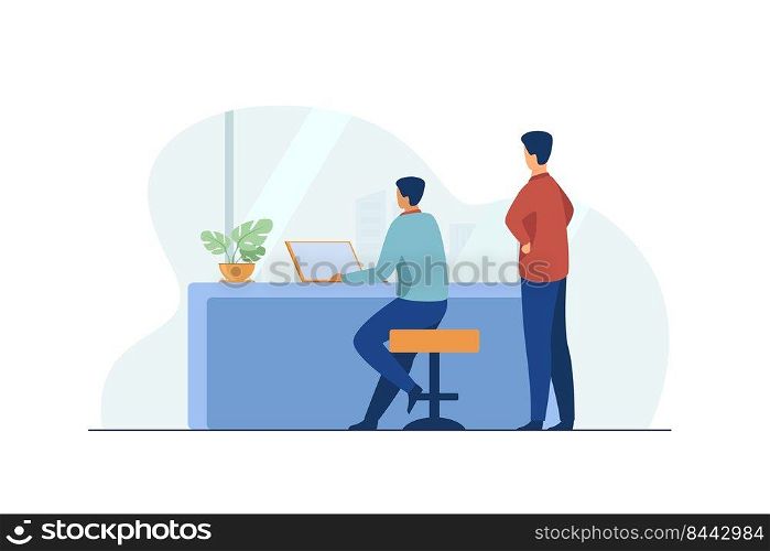 Man working on laptop and boss watching. Job, table, computer flat vector illustration. Occupation and digital technology concept for banner, website design or landing web page