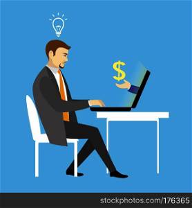 Man Working On laptop Computer.Businessman with finance idea. Vector illustration. Man Working On laptop Computer.Businessman with finance idea