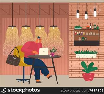 Man working on laptop in coffeehouse or cafe. Guy sitting on chair by table, houseplant on surface. Cafeteria interior with shelf and plants. Vector illustration of person in cafe in flat style. Man Work on Laptop in Cafe, Cafeteria Interior