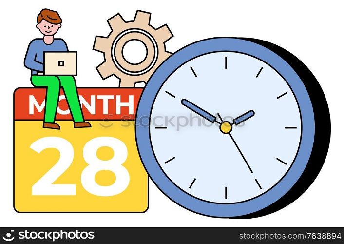 Man working on laptop, male with personal computer. Clock and calendar with date and time. Cogwheel and organization of working space of character. Planning deadline of worker with PC vector in flat. Time Management of Man Working on Laptop Vector