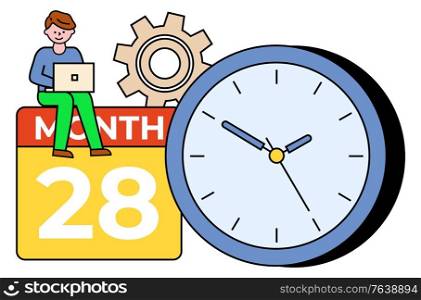 Man working on laptop, male with personal computer. Clock and calendar with date and time. Cogwheel and organization of working space of character. Planning deadline of worker with PC vector in flat. Time Management of Man Working on Laptop Vector