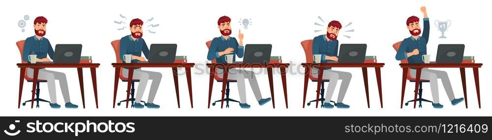 Man working on laptop. Office worker have idea, works with laptop and enjoys success. Work process, bearded programer cartoon vector illustration. Clerk or employee sitting at desk with computer.. Man working on laptop. Office worker have idea, works with laptop and enjoys success. Work process, bearded programer cartoon vector illustration